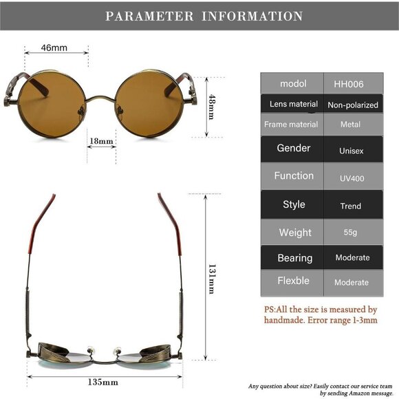 Vintage Steampunk Round Sunglasses Metal Frame UV400 for Men Women Casual